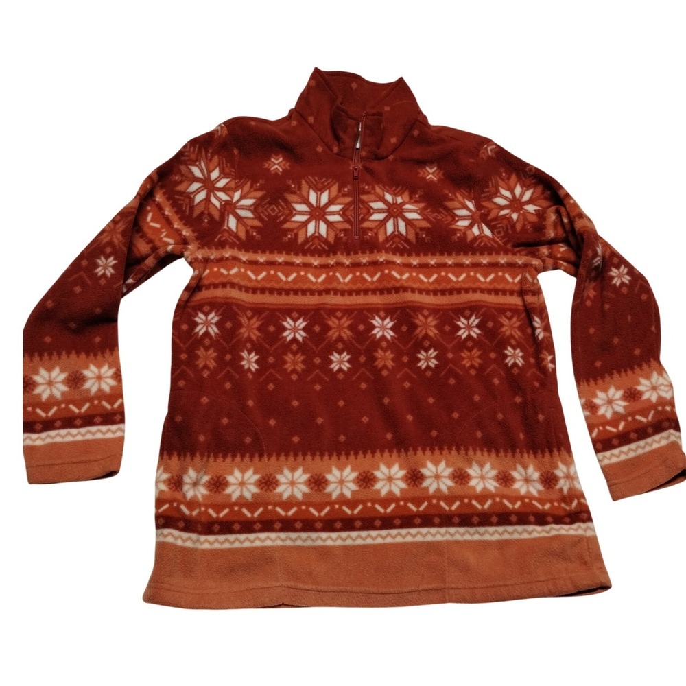 Blair Womens Rust Orange Fair Isle Snowflake Fleece Quarter Zip Pullover Medium
